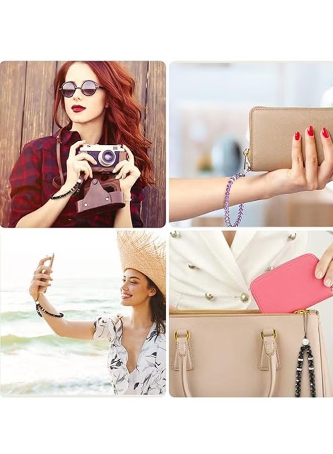 طقم 2 حزام جوال من خرز كريستال لامع – رباط يد قصير للهاتف والكاميرا والشنط للبنات والنساء (أسود ووردي) - Image 5